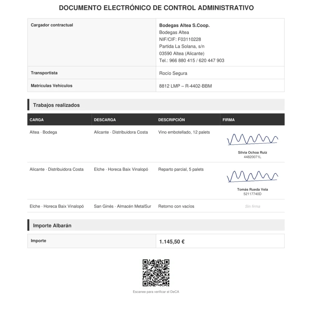 PDF del DeCA con la tabla de trabajos, las firmas y el código QR