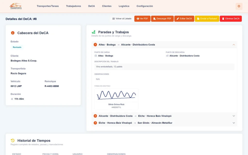 Detalle de un DeCA con paradas, firmas e historial de tiempos