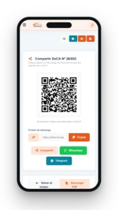 Pantalla de compartir un DeCA en el móvil: código QR y enlace de descarga
