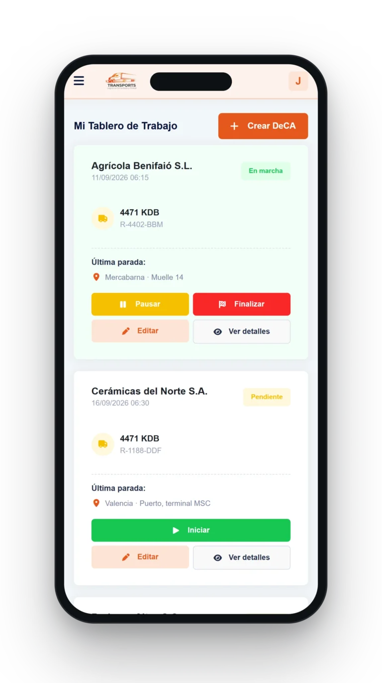 Tablero del conductor en el móvil con los botones Iniciar, Pausar y Finalizar